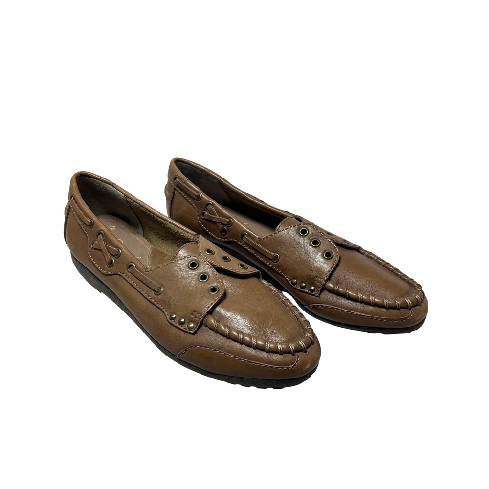 Snap S-Rhyme Boat Shoes‎ Womens Size 7.5 Brown Leather Slip-On Flats Casual